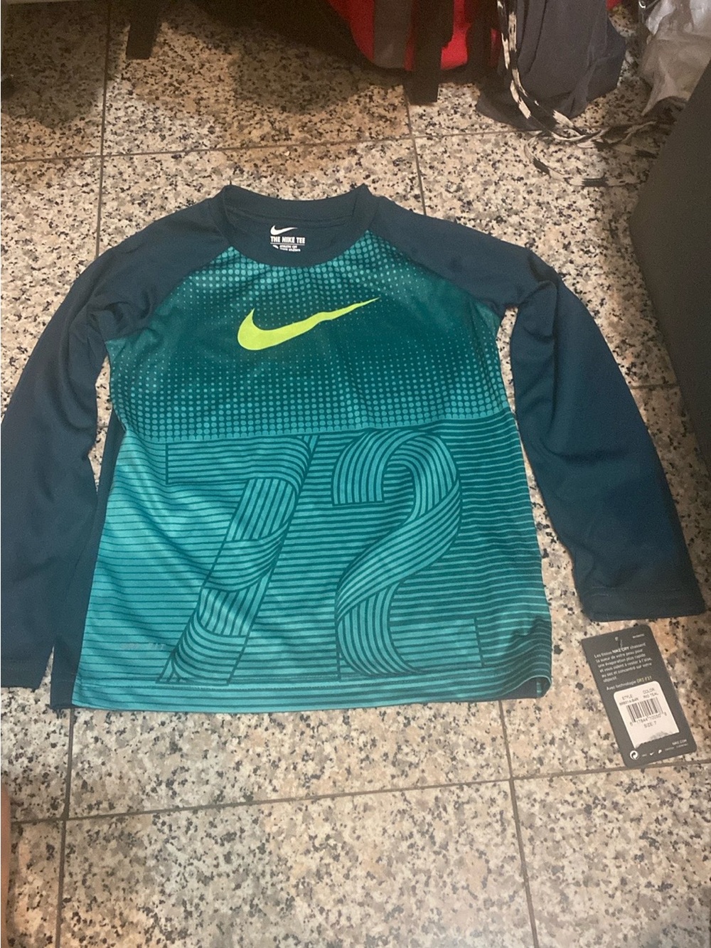 Nike Teal and Navy Long-Sleeve Performance Tee with Lime Swoosh